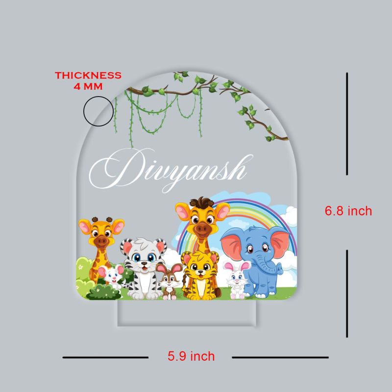 Personalized Cute Animal Theme LED Night Lamp with Warm White Light & Wooden Stand Jungle Safari Animals Light Kids Room Bedside Lamp Gift for Kids Boy & Girls Birthday Return Gift